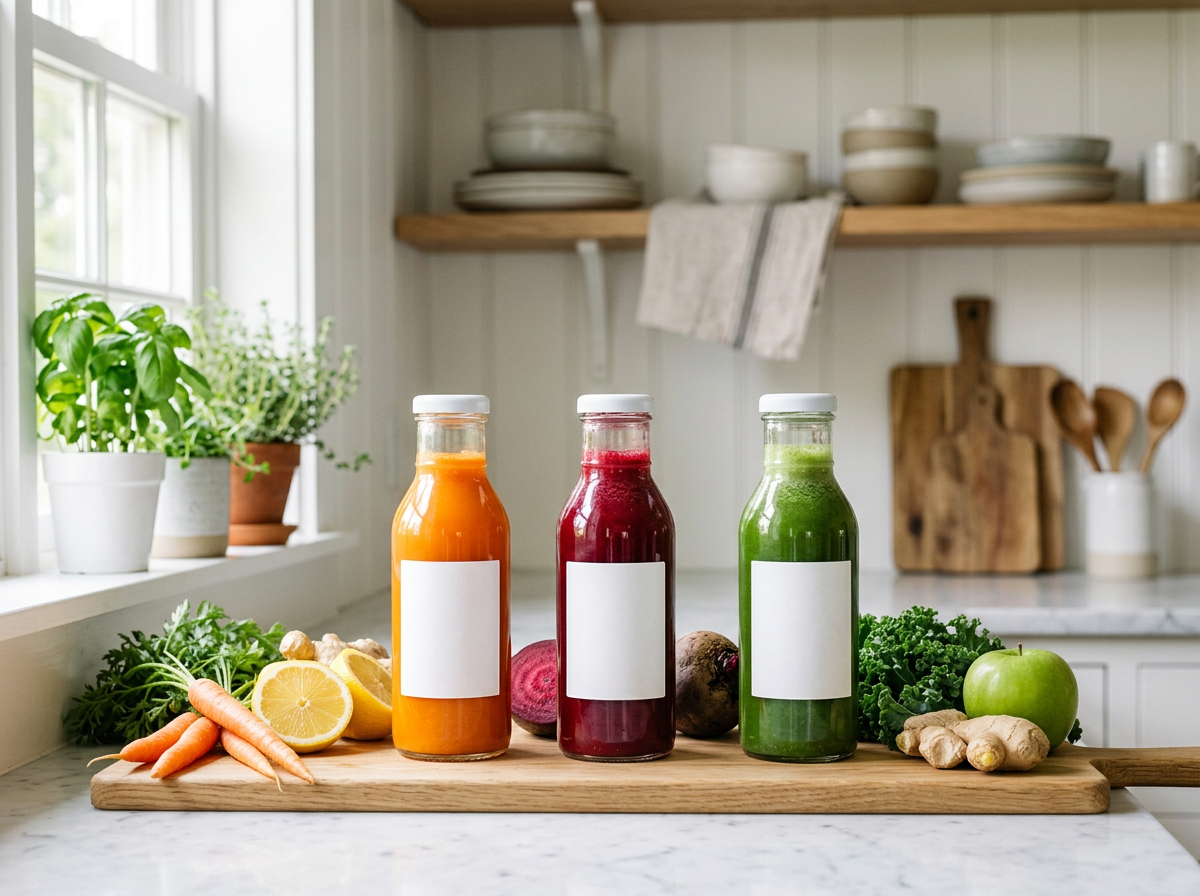 Marin Greens, Golden Hour, and Root Radiance cold-pressed juices in glass bottles on an oak board